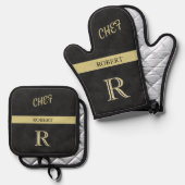 Zwart lederen textuur Chef Monogram Naam Ovenwant & Pannenlap Set (Voorkant / Achterkant)