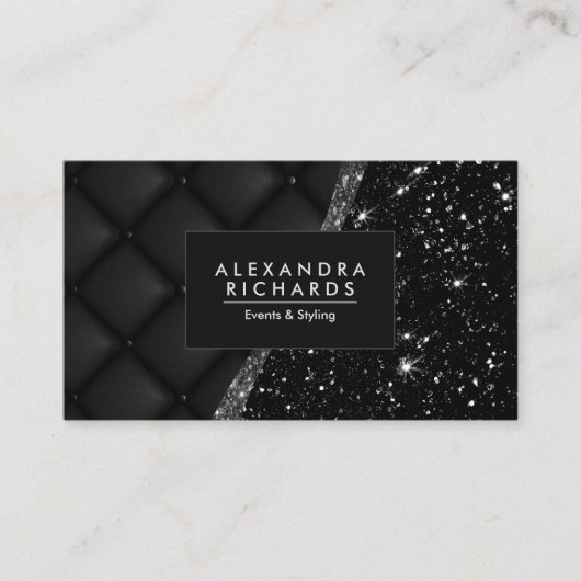 Zwart lederen textuur en glitter visitekaartje (Voorkant)