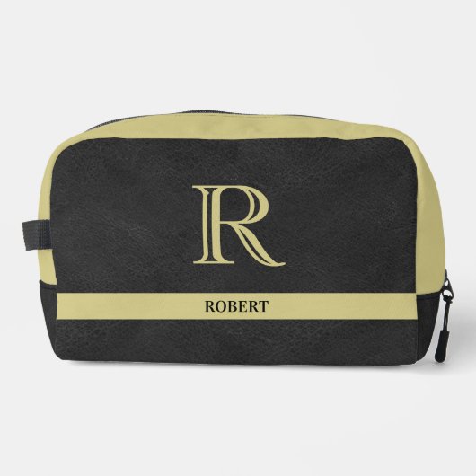 Zwart Lederen Textuur Gouden Monogram Naam Toilettasje (Voorkant)
