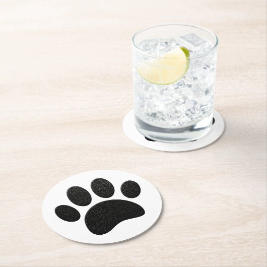 Zwart lederen textuur Hond Paw Print Ronde Kartonnen Onderzetter (Insitu)
