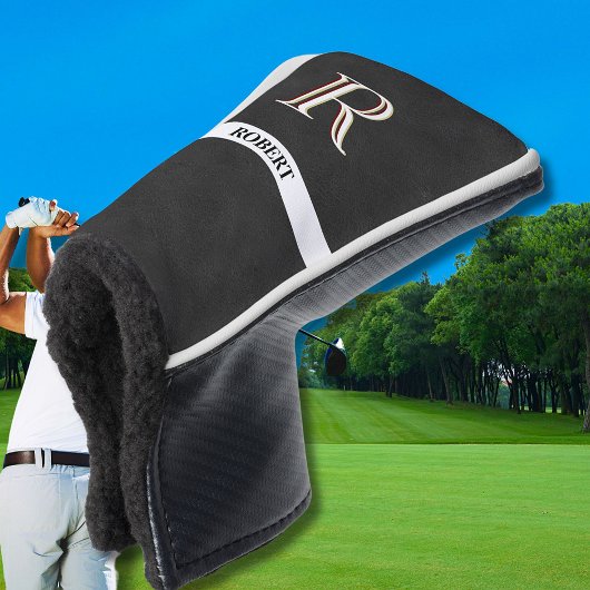 Zwart lederen textuur Monogram Naam Golfheadcover