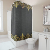 Zwart lederen textuur print gouden rand douchegordijn (In situ)