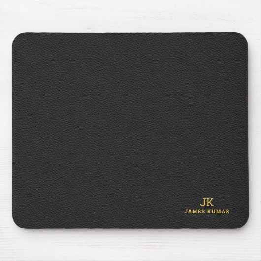 Zwart lederen textuur Print Monogram Muismat (Voorkant)