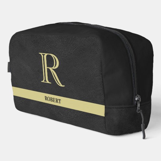 Zwart lederen textuur Trim Goud Monogram Naam Toilettasje (Rechterhoek)