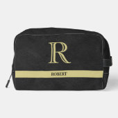 Zwart lederen textuur Trim Goud Monogram Naam Toilettasje (Achterkant)