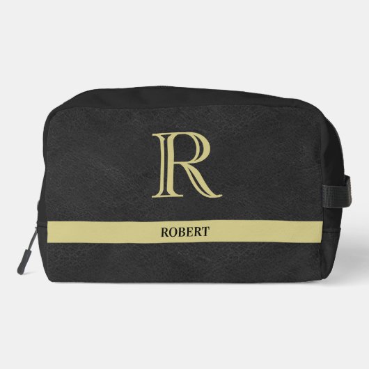 Zwart lederen textuur Trim Goud Monogram Naam Toilettasje (Achterkant)