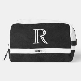 Zwart lederen textuur Trim Wit Monogram Naam Toilettasje