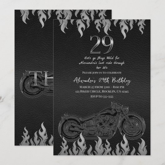 Zwart lederen zilveren motorfiets 29e verjaardag kaart (Voorkant / Achterkant)