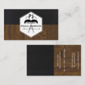 Zwart lederhout variatie Barber Monogram Visitekaartje (Voorkant / Achterkant)