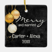 Zwart leer eerste kerst getrouwd keramisch ornament (Voorkant)