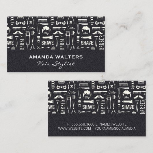 Zwart Leer | Illustraties van haarstylisten Visitekaartje (Voorkant / Achterkant)