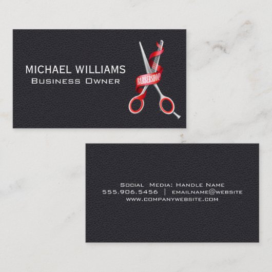 Zwart Leer | Kappersschaar Visitekaartje (Voorkant / Achterkant)