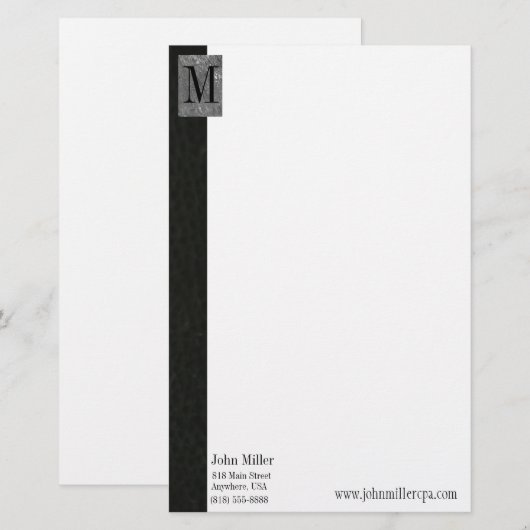 Zwart leer Monogram Zakelijk Letterhoofd Briefpapier (Voorkant / Achterkant)