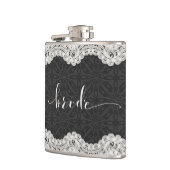 Zwart leer, wit kant, & bruidstypografie heupfles (Links)