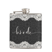 Zwart leer, wit kant, & bruidstypografie heupfles (Voorkant)