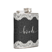 Zwart leer, wit kant, & bruidstypografie heupfles (Rechts)