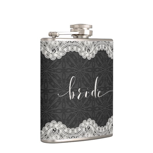 Zwart leer, wit kant, & bruidstypografie heupfles (Rechts)