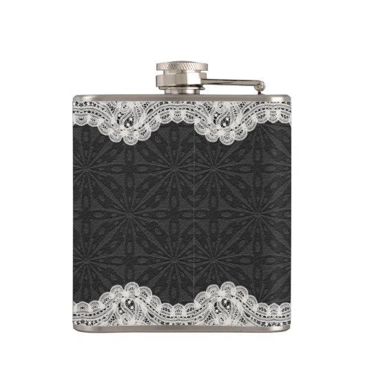 Zwart leer, wit kant, & bruidstypografie heupfles (Achterkant)