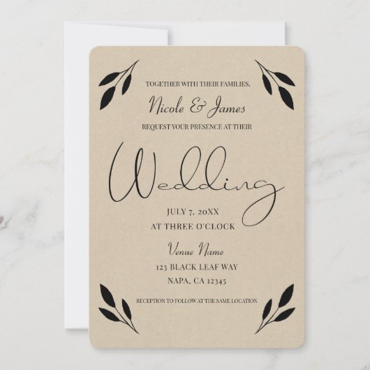 Zwart lef botanisch rotsachtig modern krafthuwelij kaart (Voorkant)