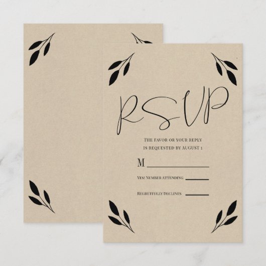Zwart lef botanisch rotsachtig modern krafthuwelij RSVP kaartje (Voorkant / Achterkant)