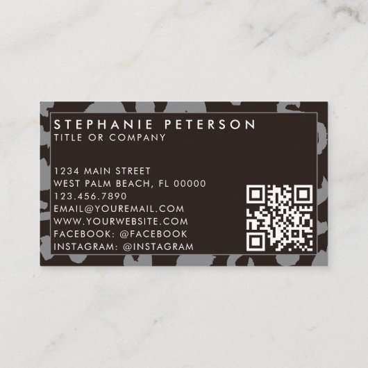 Zwart Leopard Print Custom Company Logo QR Code Visitekaartje (Achterkant)