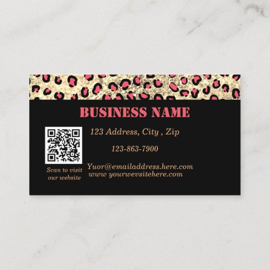 Zwart Leopard Print Glitter QR CodeKorting Kaart Kortingskaartje (Achterkant)