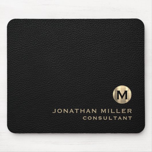 Zwart leren gouden monogram muismat (Voorkant)