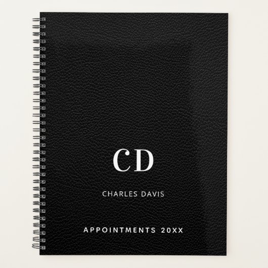 Zwart leren monogram initialen 2026 planner (Voorkant)