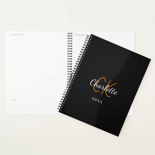 Zwart leren monogram initialen naam 2025 planner (Display)