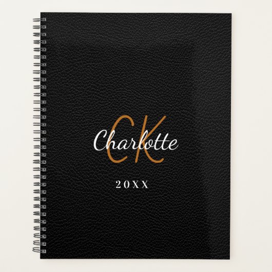 Zwart leren monogram initialen naam 2025 planner (Voorkant)