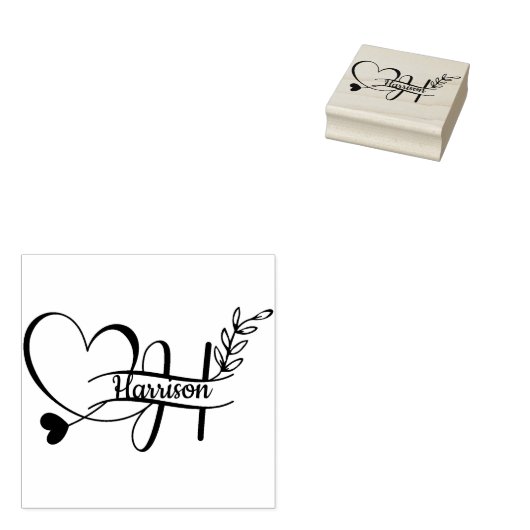 Zwart Letter H Monogram Hart Bladzijde Cute Rubberstempel (Gestempeld)