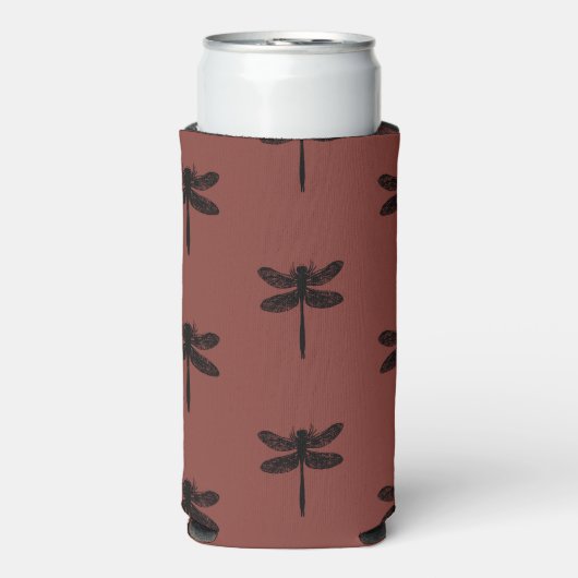 Zwart libel schets patroon op bruin seltzer blikjeskoeler (Seltzer Voorkant)