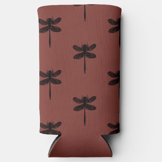 Zwart libel schets patroon op bruin seltzer blikjeskoeler (Voorkant)