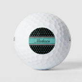 Zwart Licht Blauwgroen Polka Dot Stripe Script Naa Golfballen (Voorkant)
