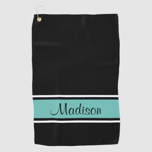 Zwart licht Blauwgroen Stripe Script-naam Golfhanddoek (Voorkant)