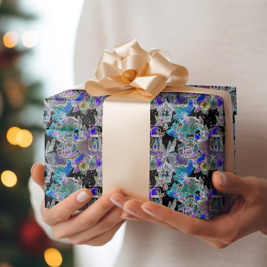 Zwart Licht Neon Glow Kerstavond patroon Cadeaupapier