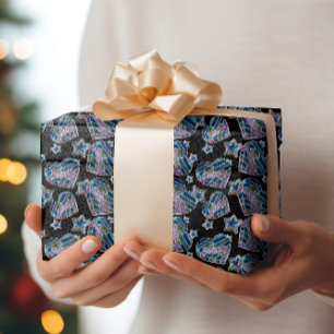 Zwart Licht Neon Glow Xmas Harten en Sterren Cadeaupapier