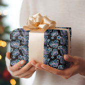 Zwart Licht Neon Glow Xmas Harten en Sterren Cadeaupapier