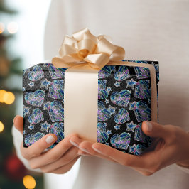 Zwart Licht Neon Glow Xmas Harten en Sterren Cadeaupapier