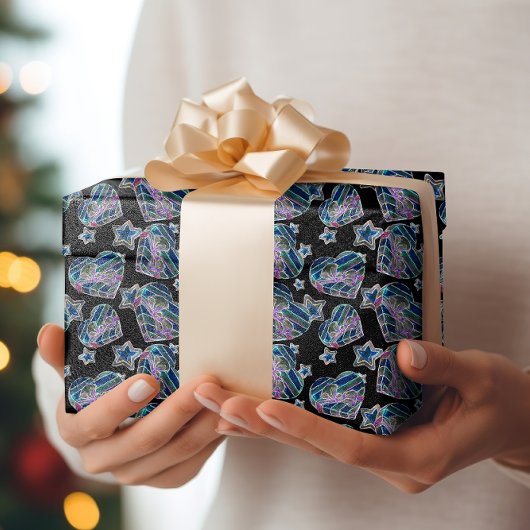 Zwart Licht Neon Glow Xmas Harten en Sterren Cadeaupapier