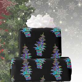 Zwart licht Neon kerstboom patroon Cadeaupapier