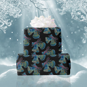 Zwart Licht Neon Kerstmis Bells Patroon Cadeaupapier