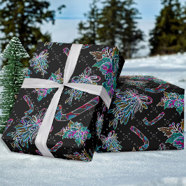 Zwart Licht Neon Kerstmis Candy Cane Patroon Cadeaupapier