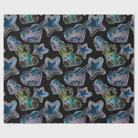 Zwart Licht Neon Kerstmis Hart Patroon Cadeaupapier (Vlak)