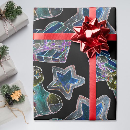 Zwart Licht Neon Kerstmis Hart Patroon Cadeaupapier