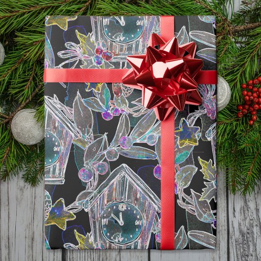 Zwart Licht Neon Kerstmis Klokpatroon Cadeaupapier