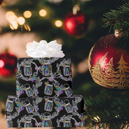 Zwart Licht Neon Kerstmis Lantaarn Patroon Cadeaupapier