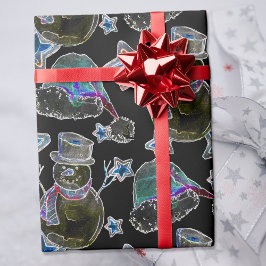 Zwart Licht Neon Kerstmis Sneeuwman Patroon Cadeaupapier