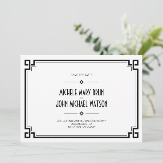 Zwart Lijst Art Deco White Save the Date Kaart (Staand voorkant)