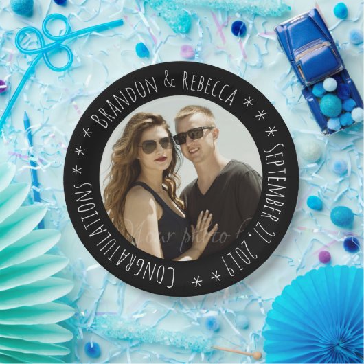 Zwart Lijst Custom Circle Tekst Foto Wedding Papieren Bordje (Feest)